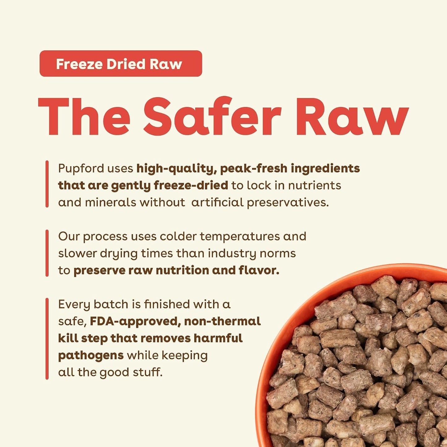 Vet approved grain free puppy and adult dog food chunks showcasing natural freeze dried texture