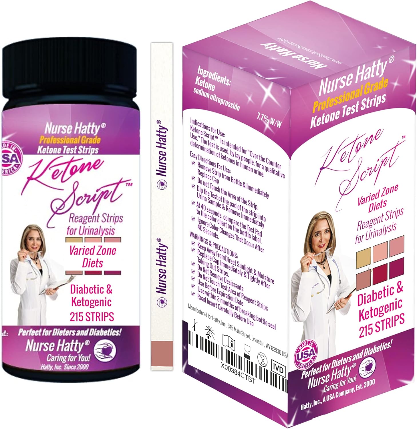 Nurse Hatty 215 count ketone test strips front view bottle for diabetes monitoring.