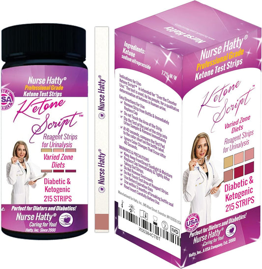 Nurse Hatty 215 count ketone test strips front view bottle for diabetes monitoring.