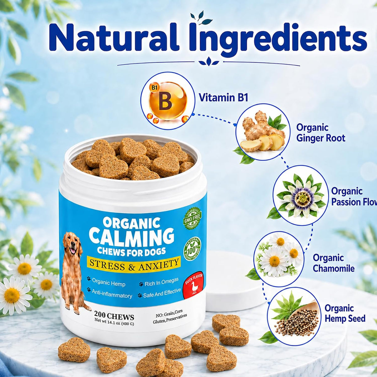 Ttlxrl organic hemp and melatonin treats for dogs close up of duck flavored chews