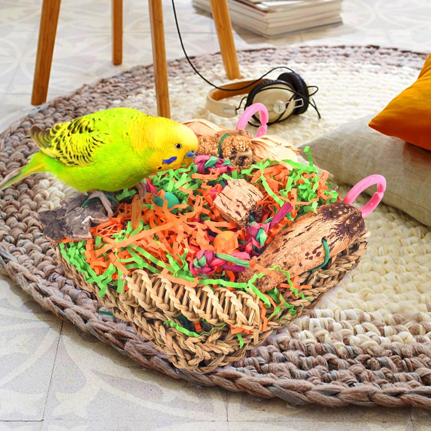 KATUMO budgie chewing toy close up showing shredded paper and millet treats