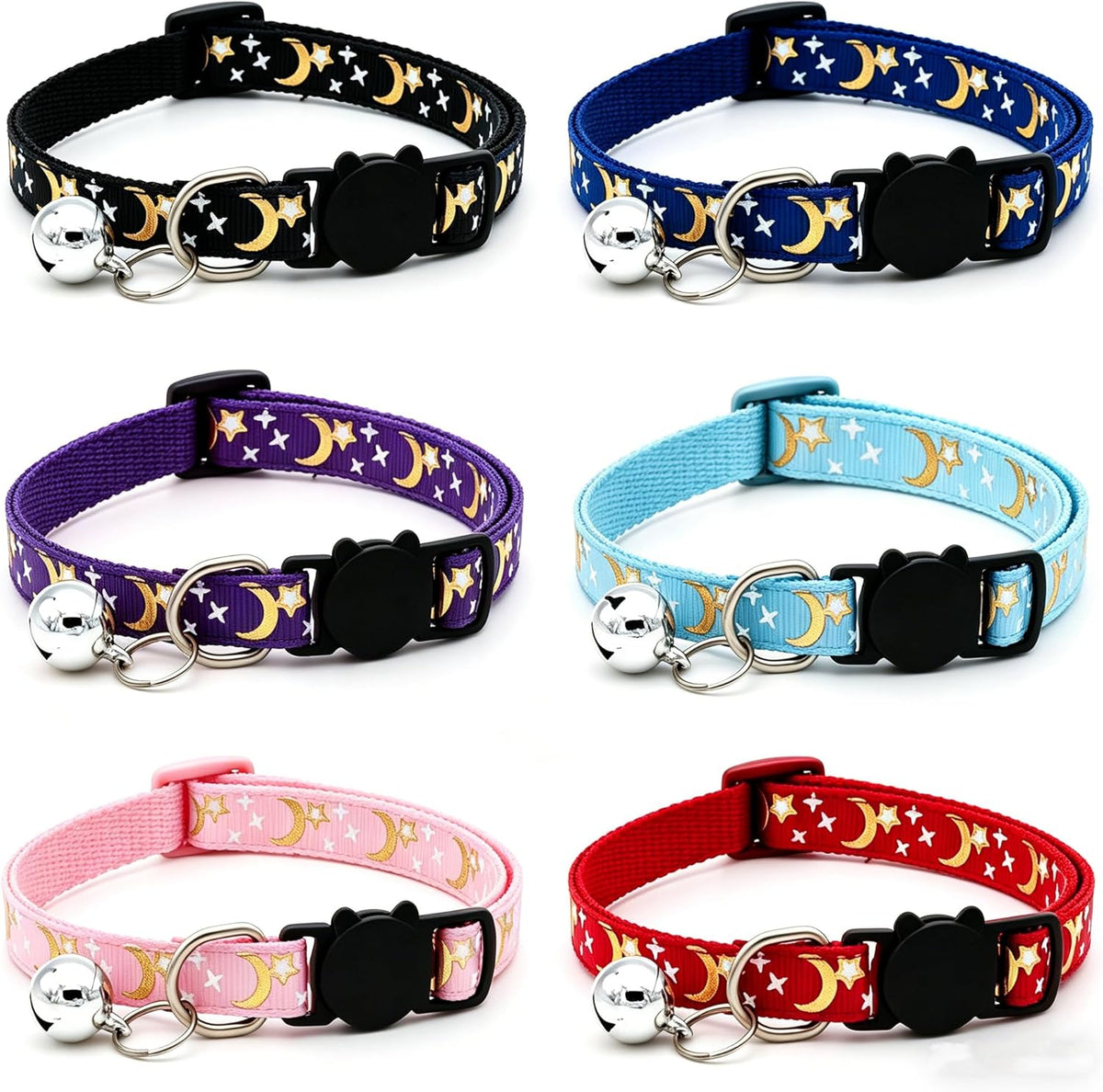 Dhgate Moon Star Print Breakaway Cat Collars 6-pack assortment front view displaying six vibrant safety collars with gold bells.
