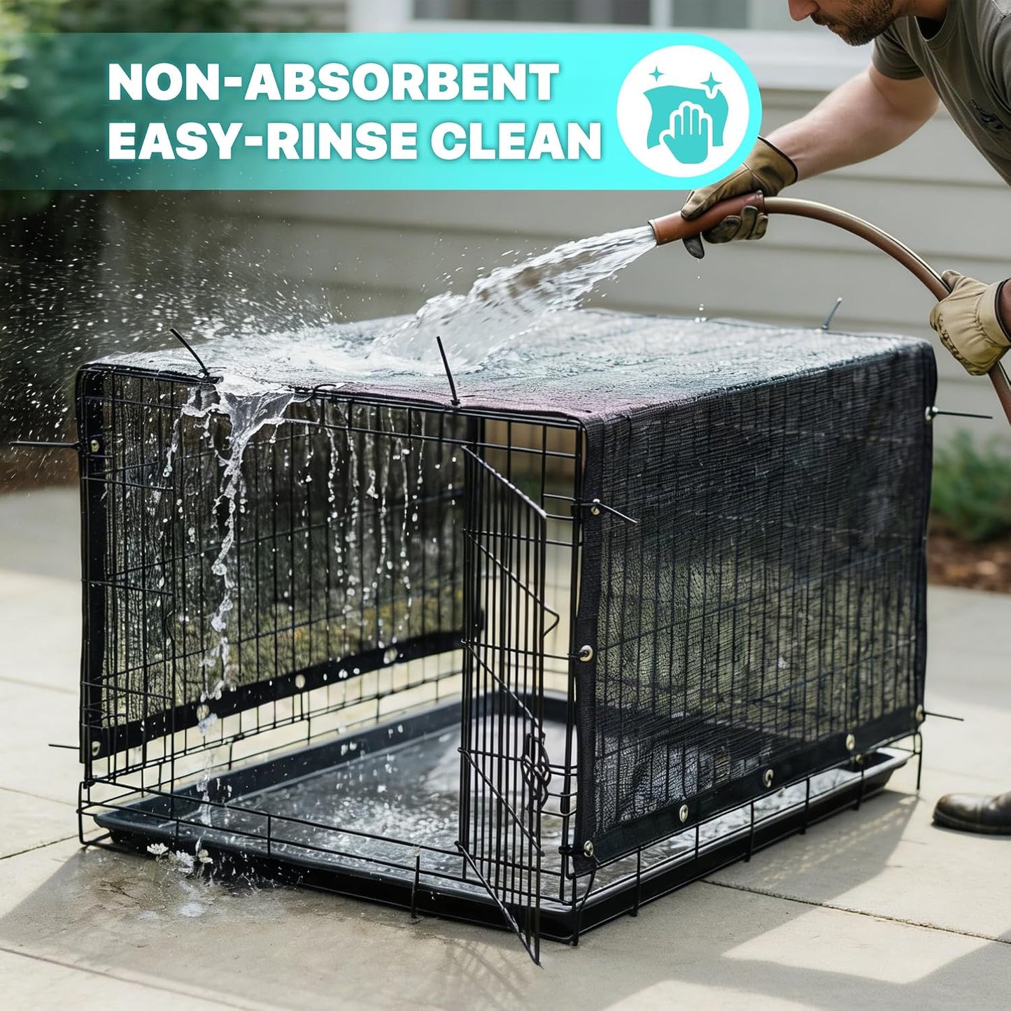 Weather resistant outdoor pet kennel cover installed on a garden fence run