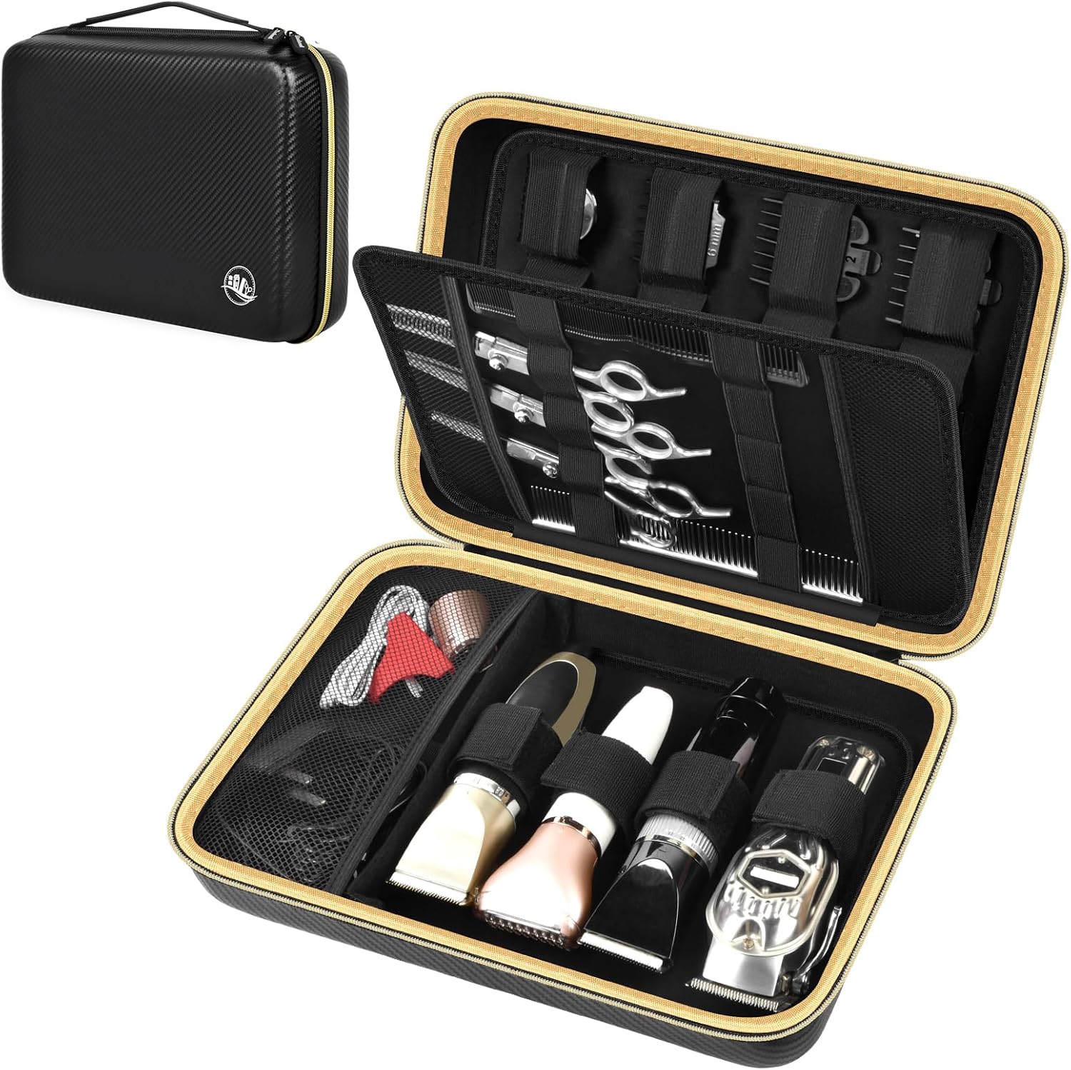 Boobowl hard travel case for hair clippers front view showing dark black carbon fiber texture