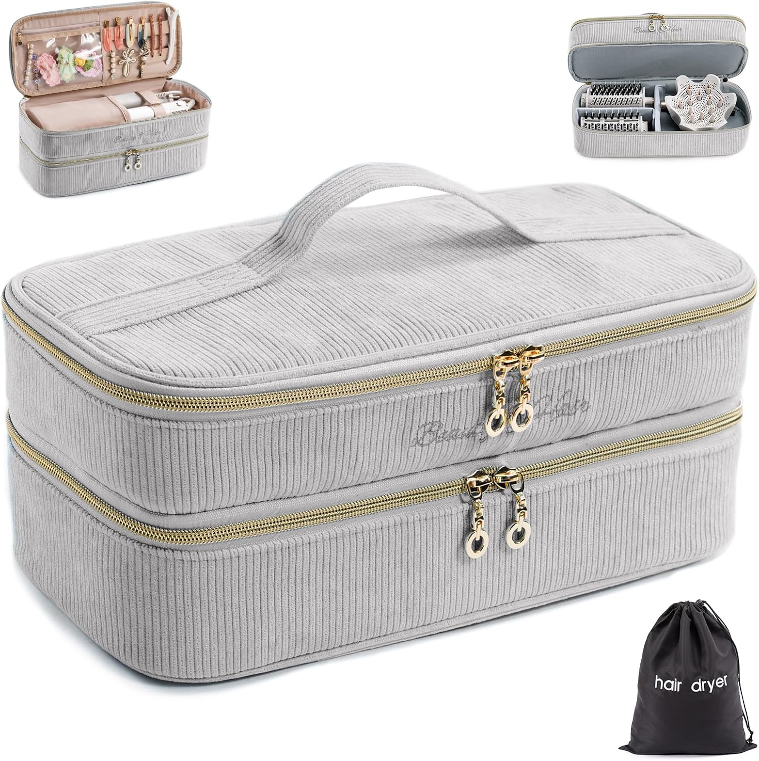 ELCUPA double layer hair tools travel case front view showing premium corduroy texture and gold zippers