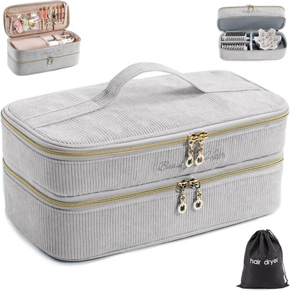 ELCUPA double layer hair tools travel case front view showing premium corduroy texture and gold zippers