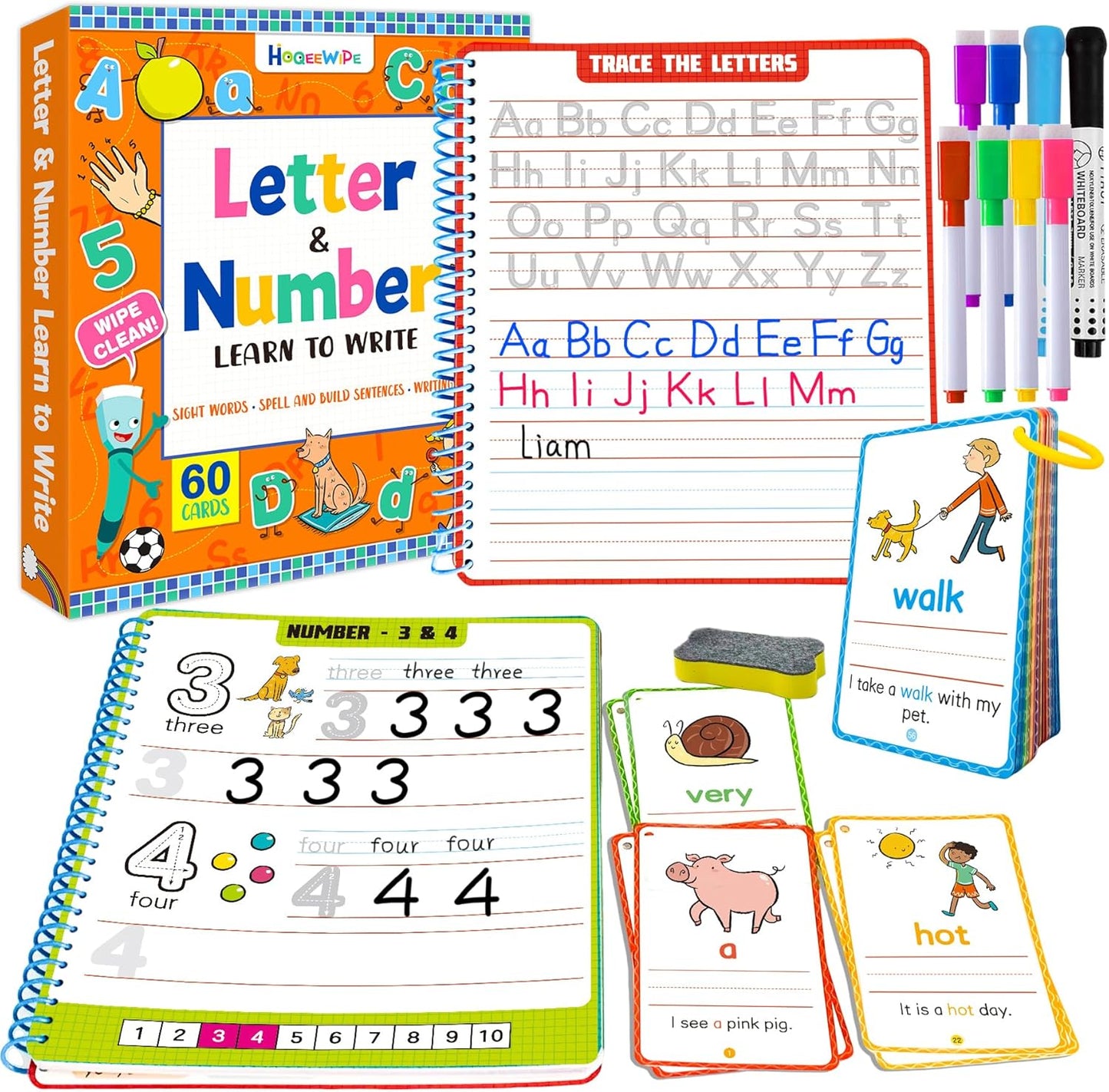 HOQEEWIPE preschool learning activities kit front view showing sixty reusable cards and colorful dry erase markers.