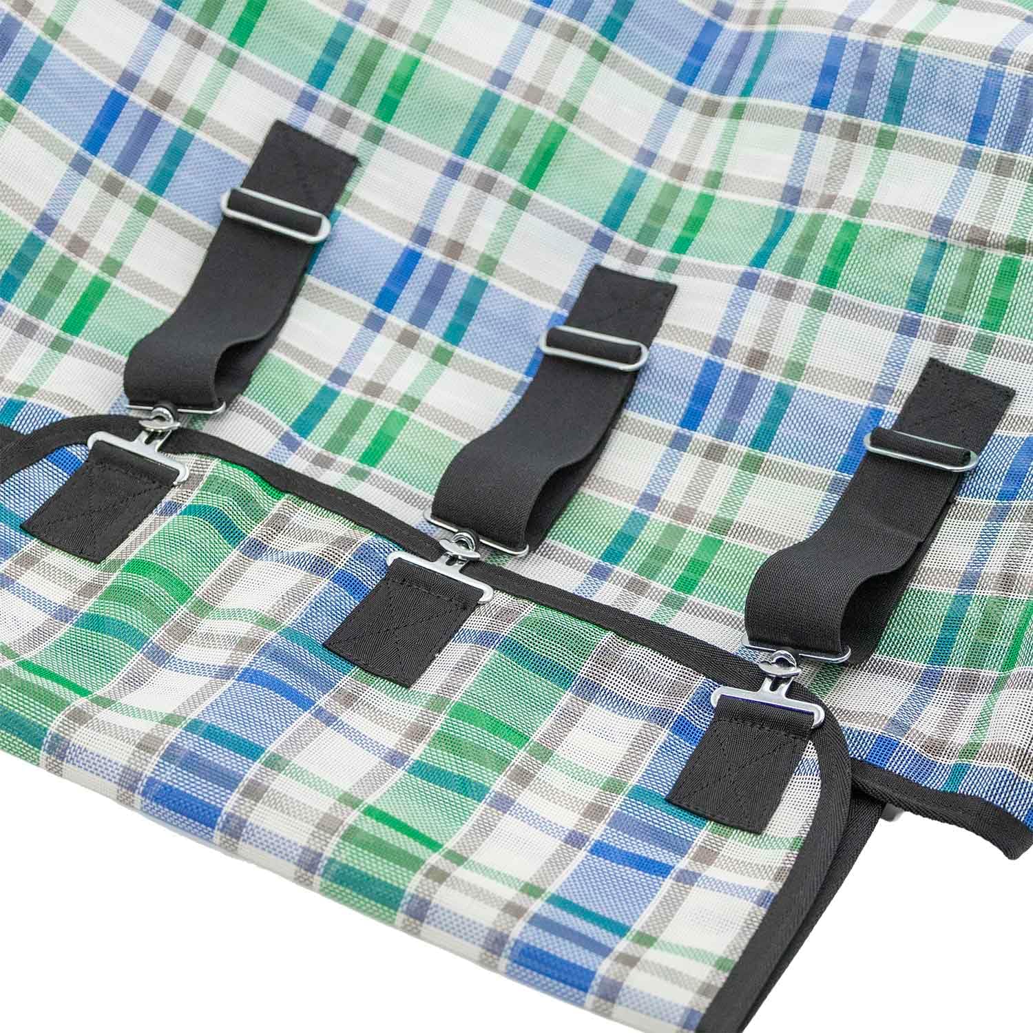 Close up view of the durable Textilene mesh fabric and adjustable chest closures
