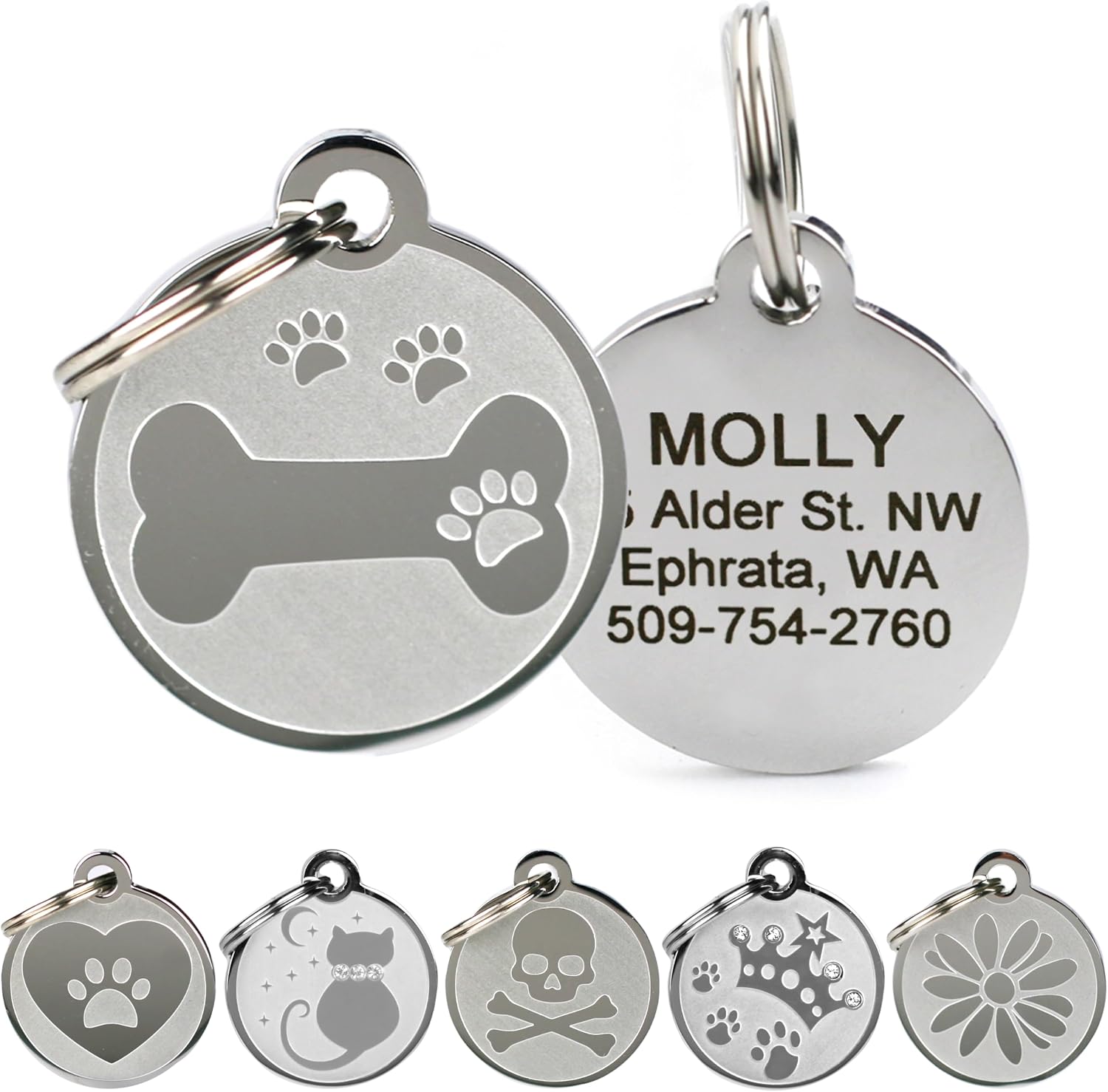 Comparison view of cat shape and mouse shape metallic pet identification tags