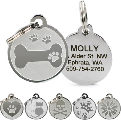 Comparison view of cat shape and mouse shape metallic pet identification tags