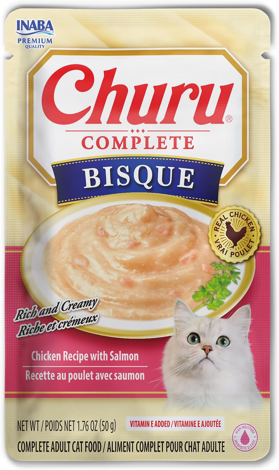 Twelve count box of INABA Churu complete meal pouches for adult cats back view