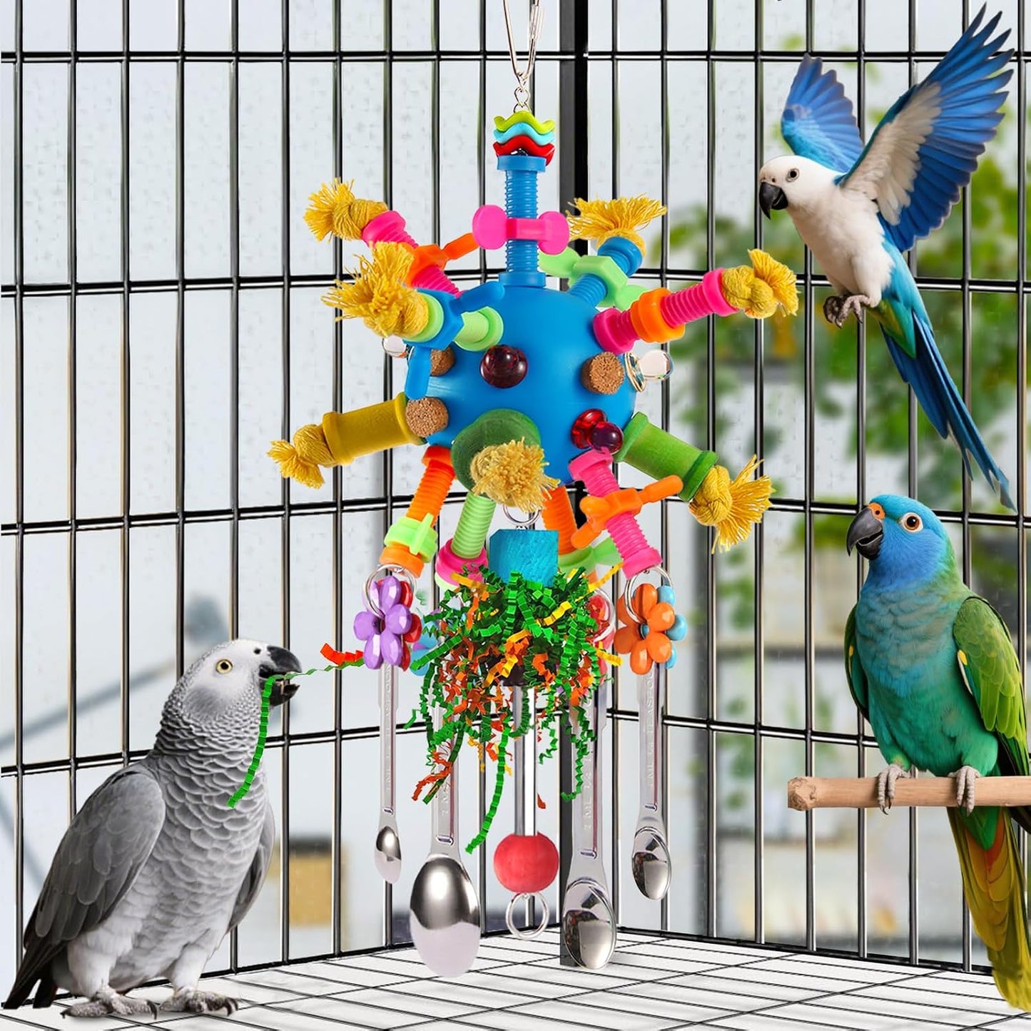 Premium bite resistant bird toy showing wooden beads and wind chimes details