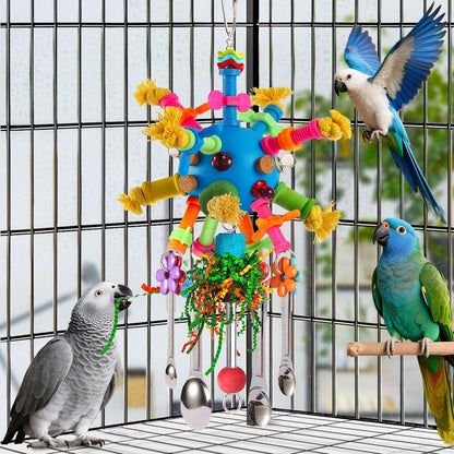 Premium bite resistant bird toy showing wooden beads and wind chimes details