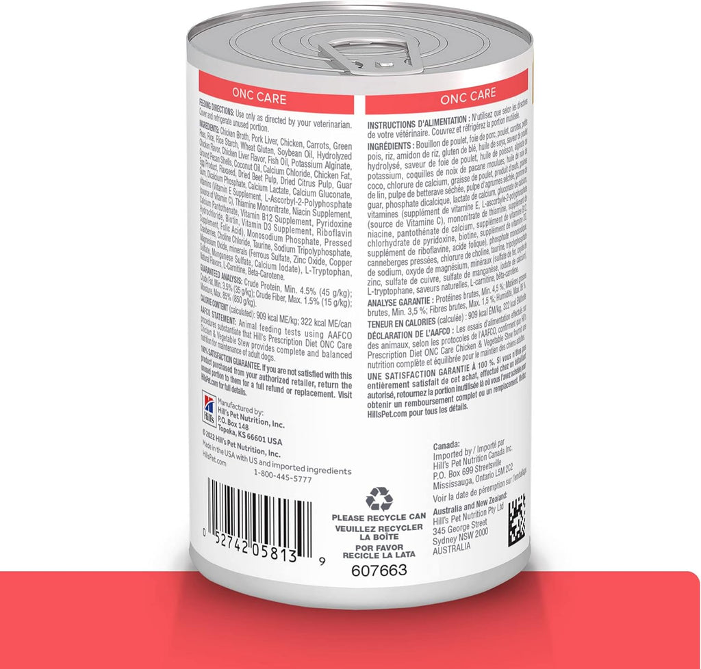 Hill's ONC Care chicken and vegetable stew canned dog food 12 pack packaging.