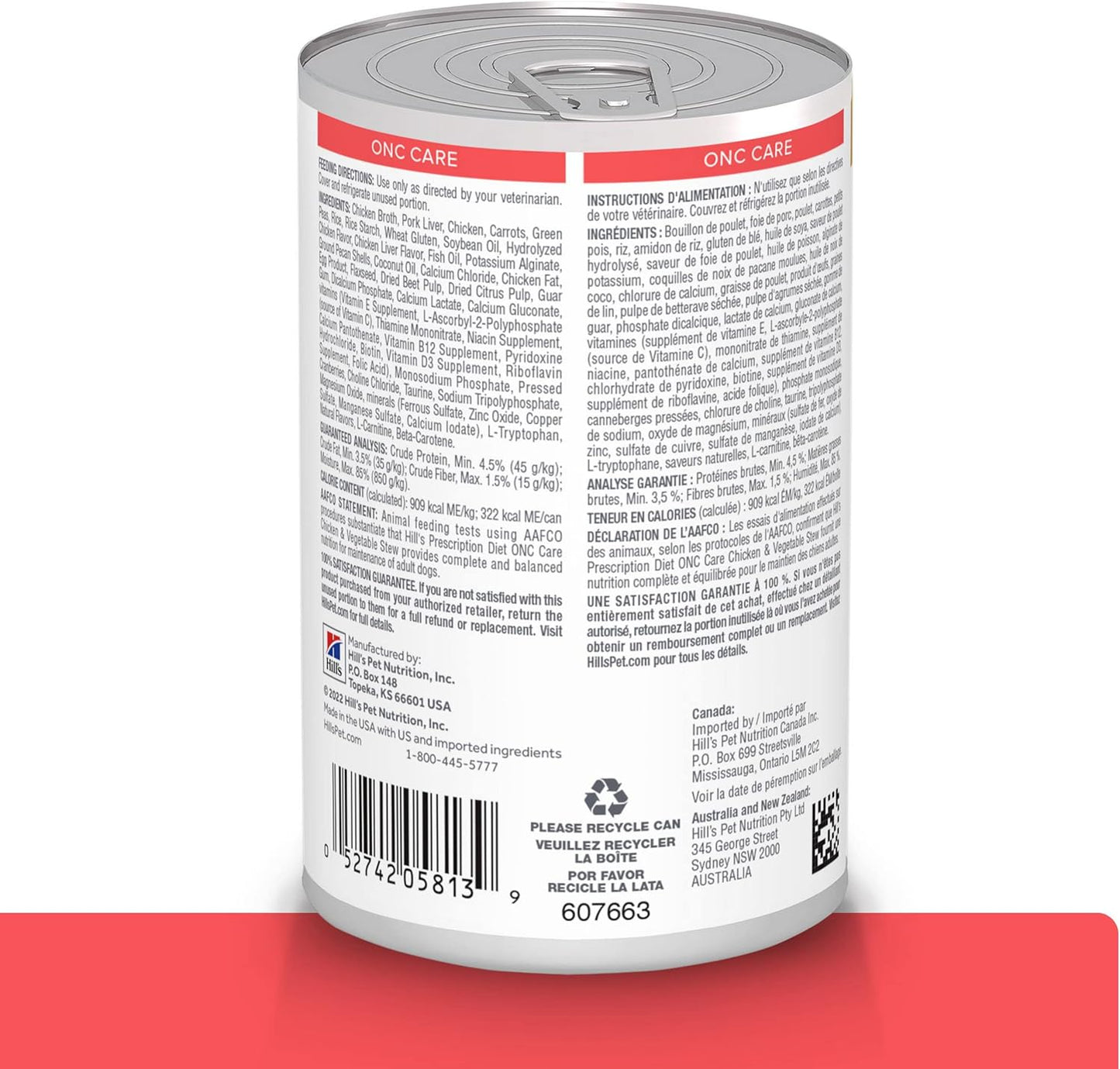 Hill's ONC Care chicken and vegetable stew canned dog food 12 pack packaging.