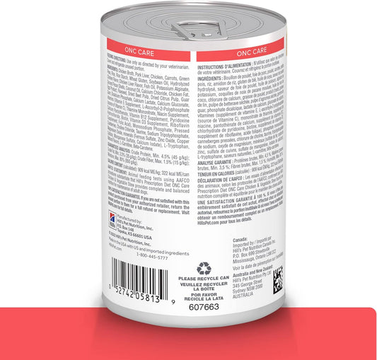 Hill's ONC Care chicken and vegetable stew canned dog food 12 pack packaging.