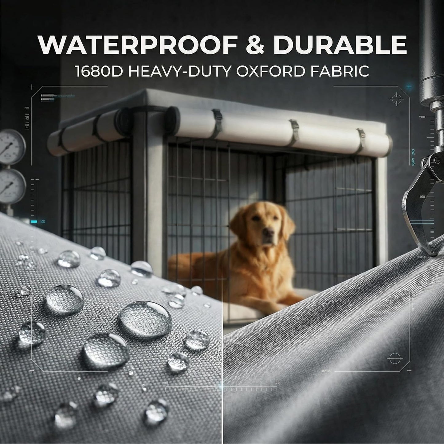 All weather outdoor pet crate cover by TBNO protecting a dog cage from wind and sun