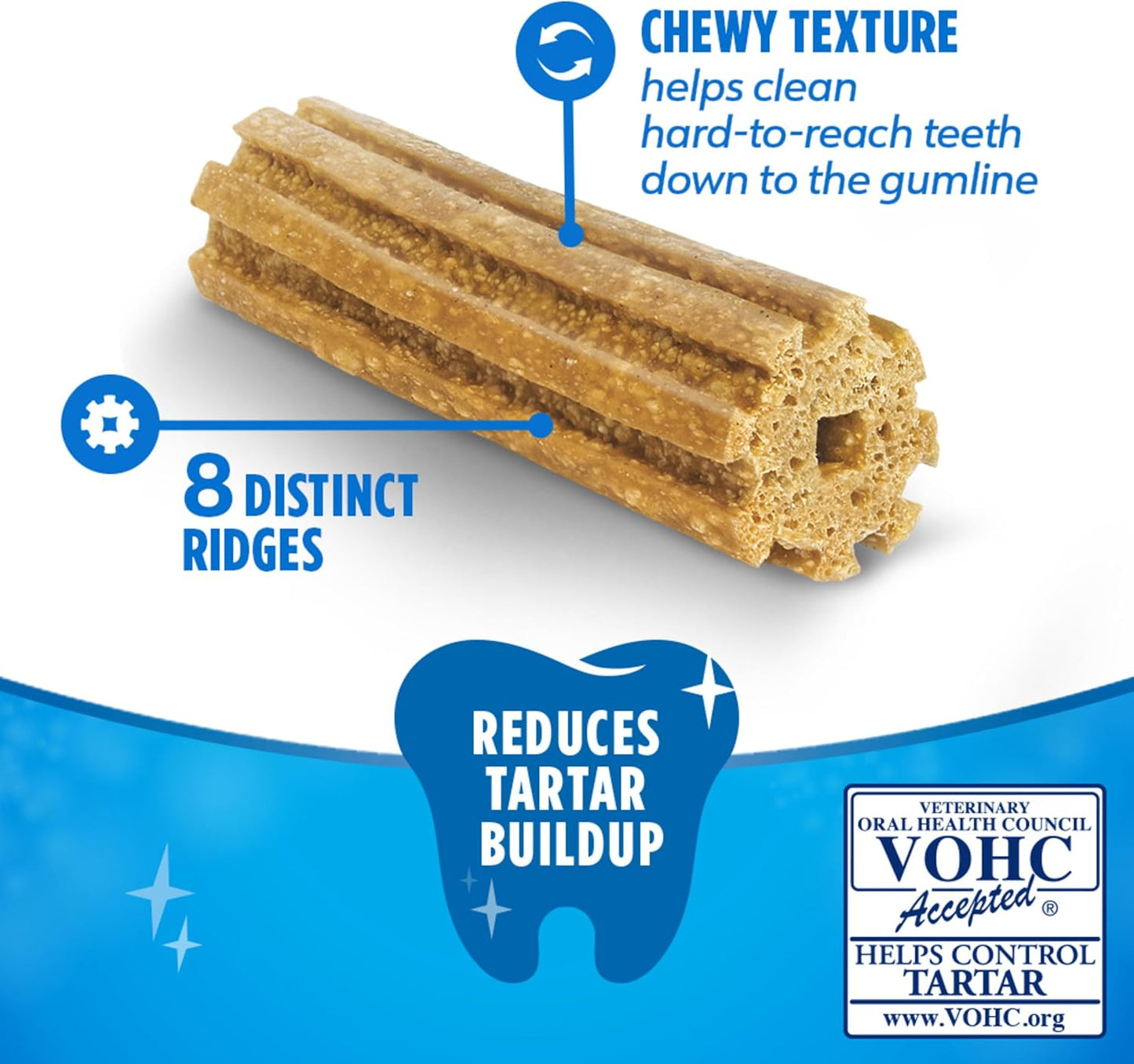 Close up of the 8 ridge design on Purina DentaLife large dog dental chews.