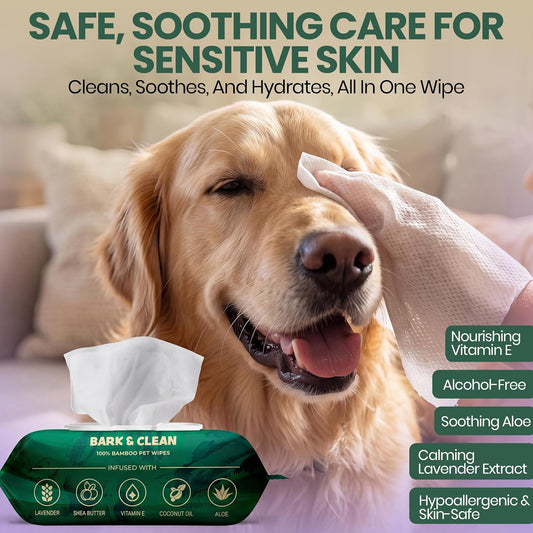 Bark And Clean extra large bamboo pet wipes being pulled from the resealable pack.