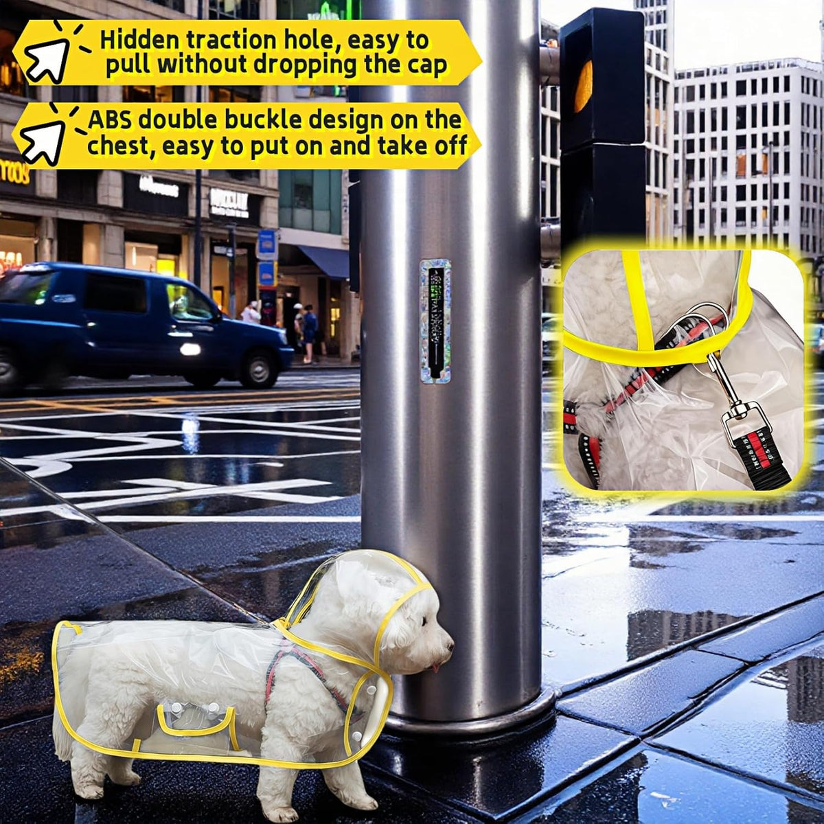 Clear Dog Raincoat, Transparent PVC Cape Style Pet Rain Jacket with Hidden Leash Hole, Adjustable Double Buckle for Small Dogs (Yellow, Medium) - Image 9