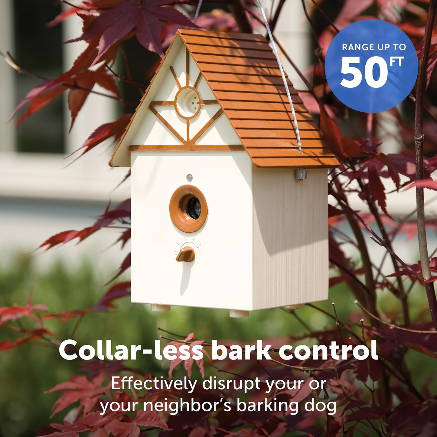 Side profile of PetSafe outdoor ultrasonic bark control birdhouse