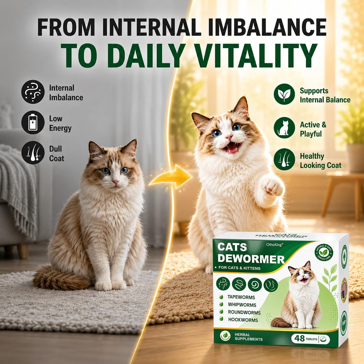 OthoKing roundworm and tapeworm digestive health supplement for adult cats.