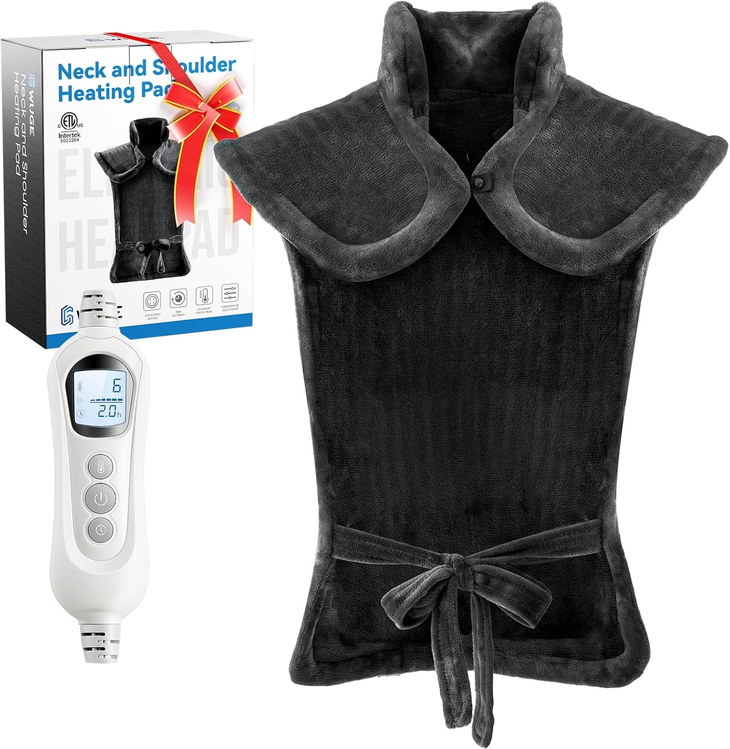 WUGE weighted heating pad for neck and shoulder front view showing gray plush fabric