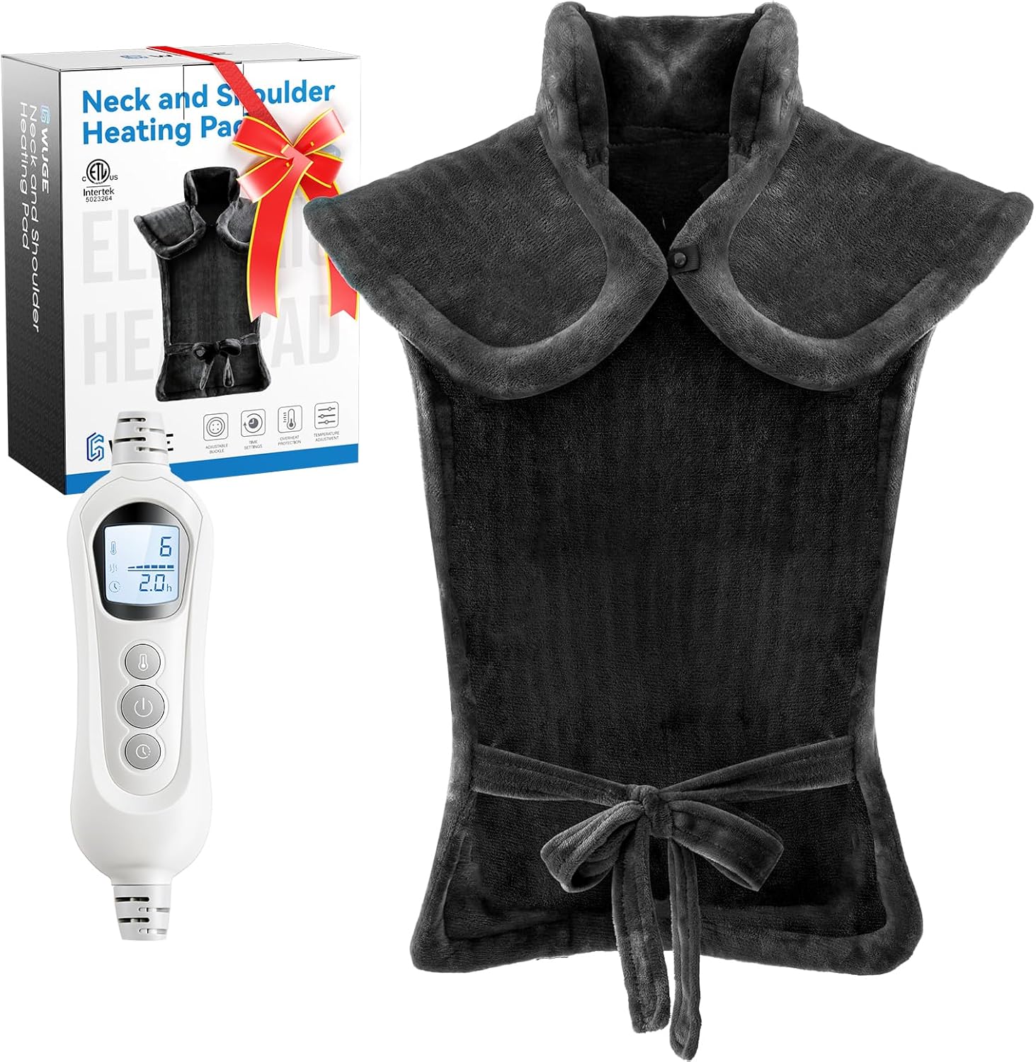WUGE weighted heating pad for neck and shoulder front view showing gray plush fabric