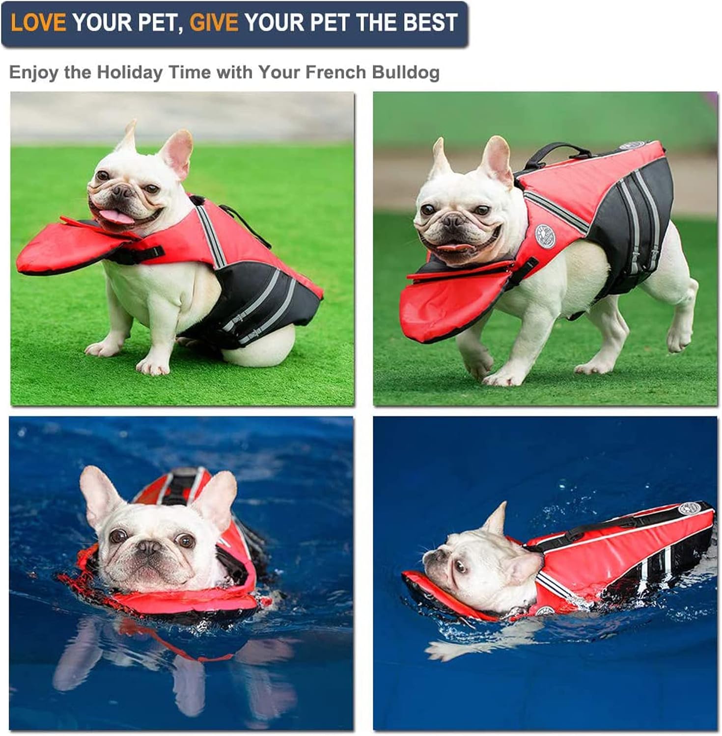 Petglad high visibility pet swim vest displaying the reflective strips in low light.