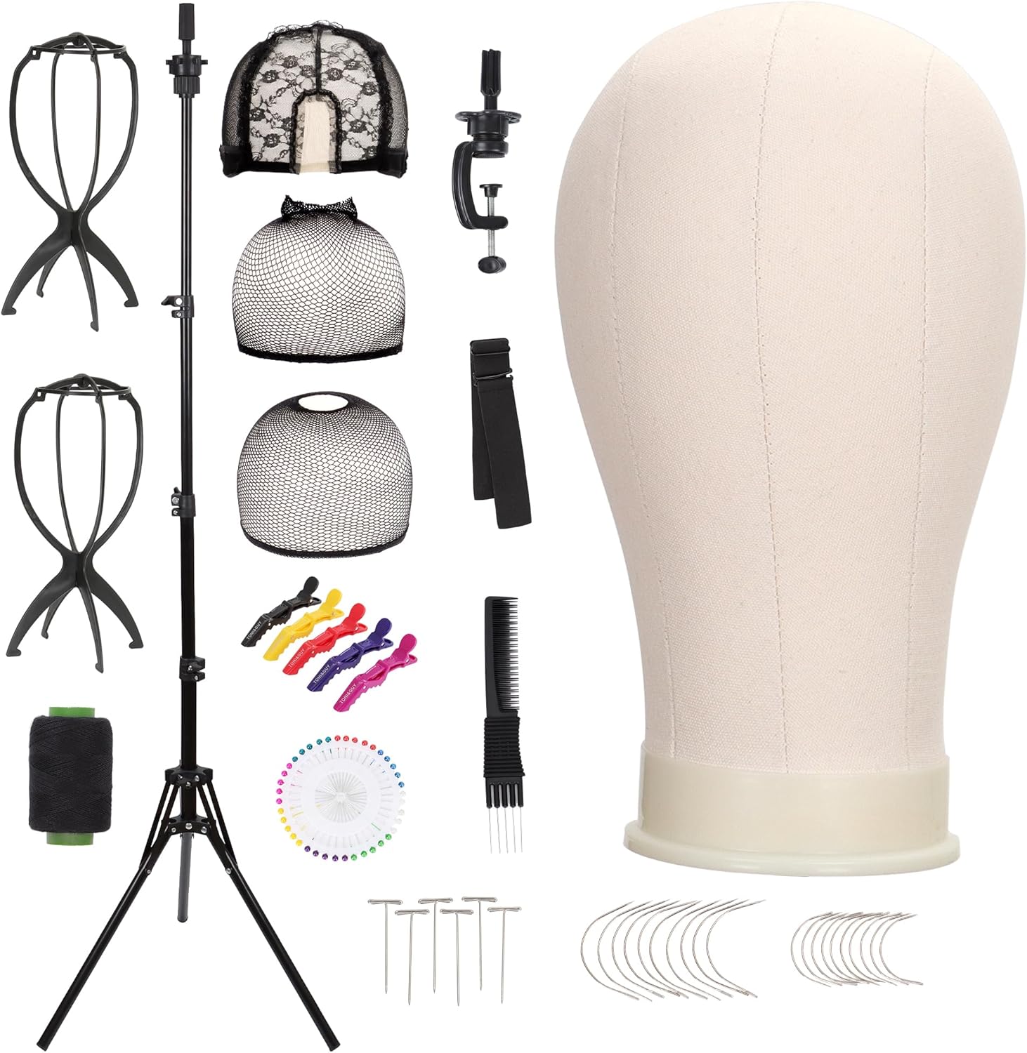 Demides 22 inch canvas wig head front view with tripod
