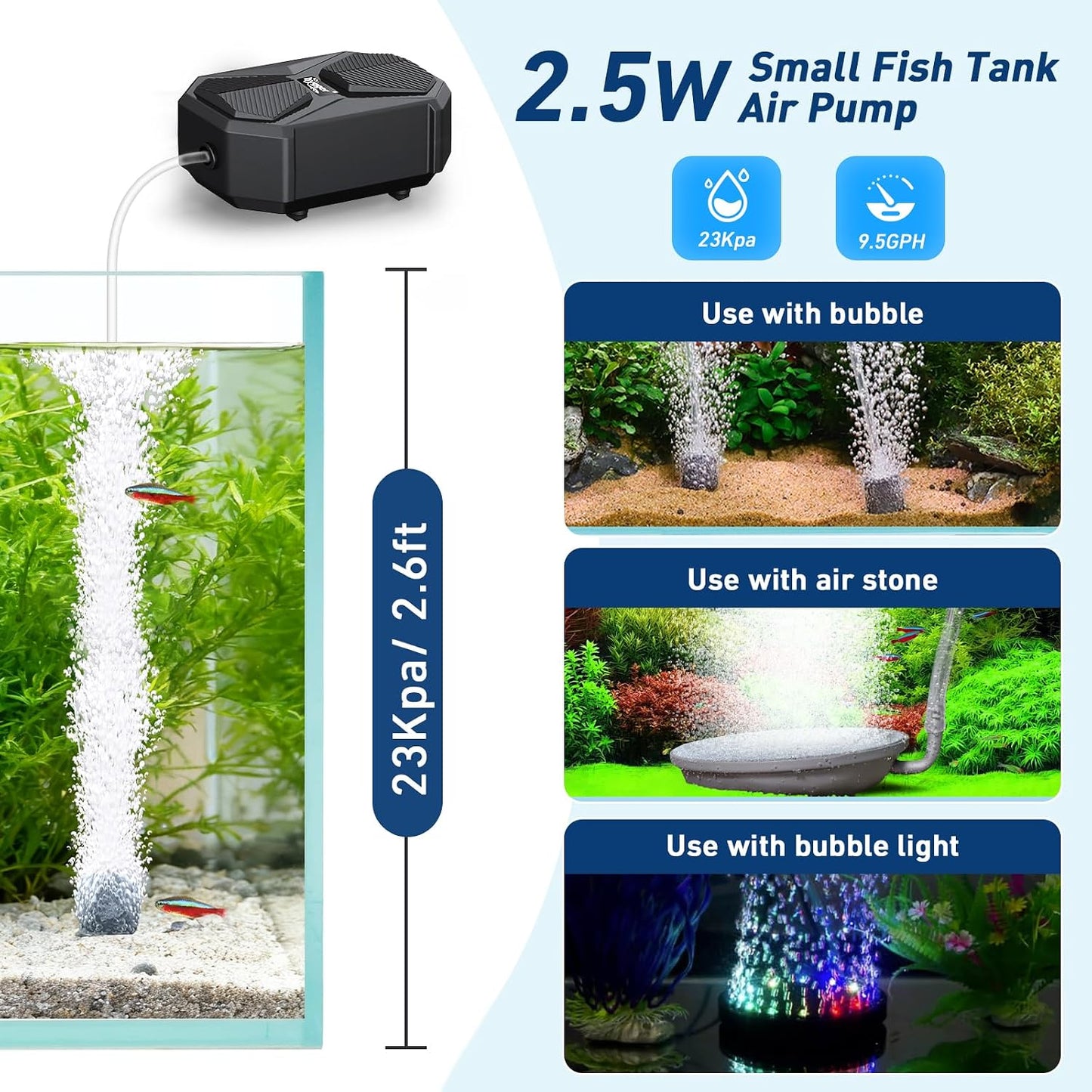 Hygger aquarium air pump connected to airline tubing and air stone.