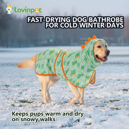 Microfiber dog drying coat back view showcasing orange dinosaur spikes along the spine