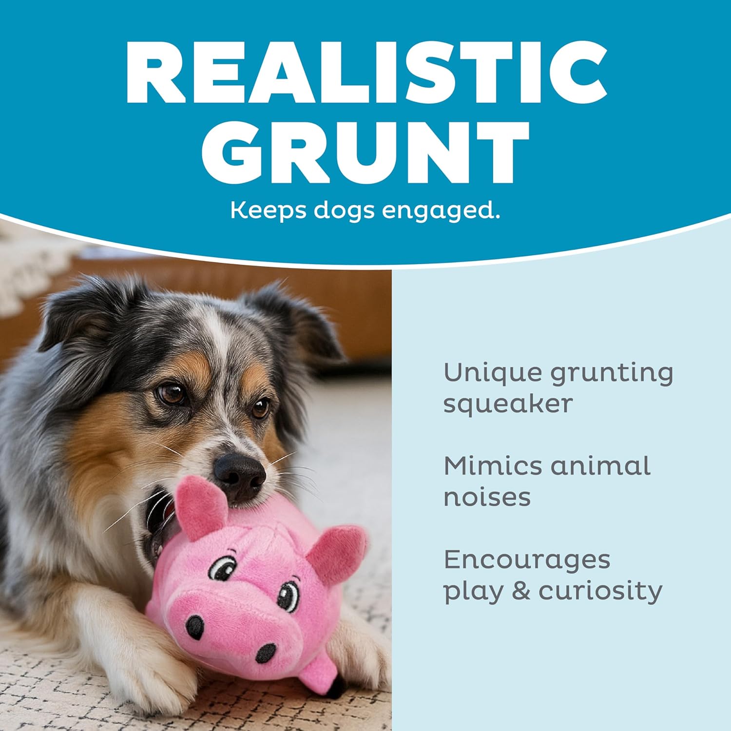 Round pink pig squeaky puppy toy from a side perspective highlighting compact sizing.