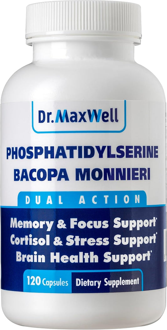 Dr. Maxwell Phosphatidylserine and Bacopa Monnieri 120 capsules bottle front view for cognitive support.