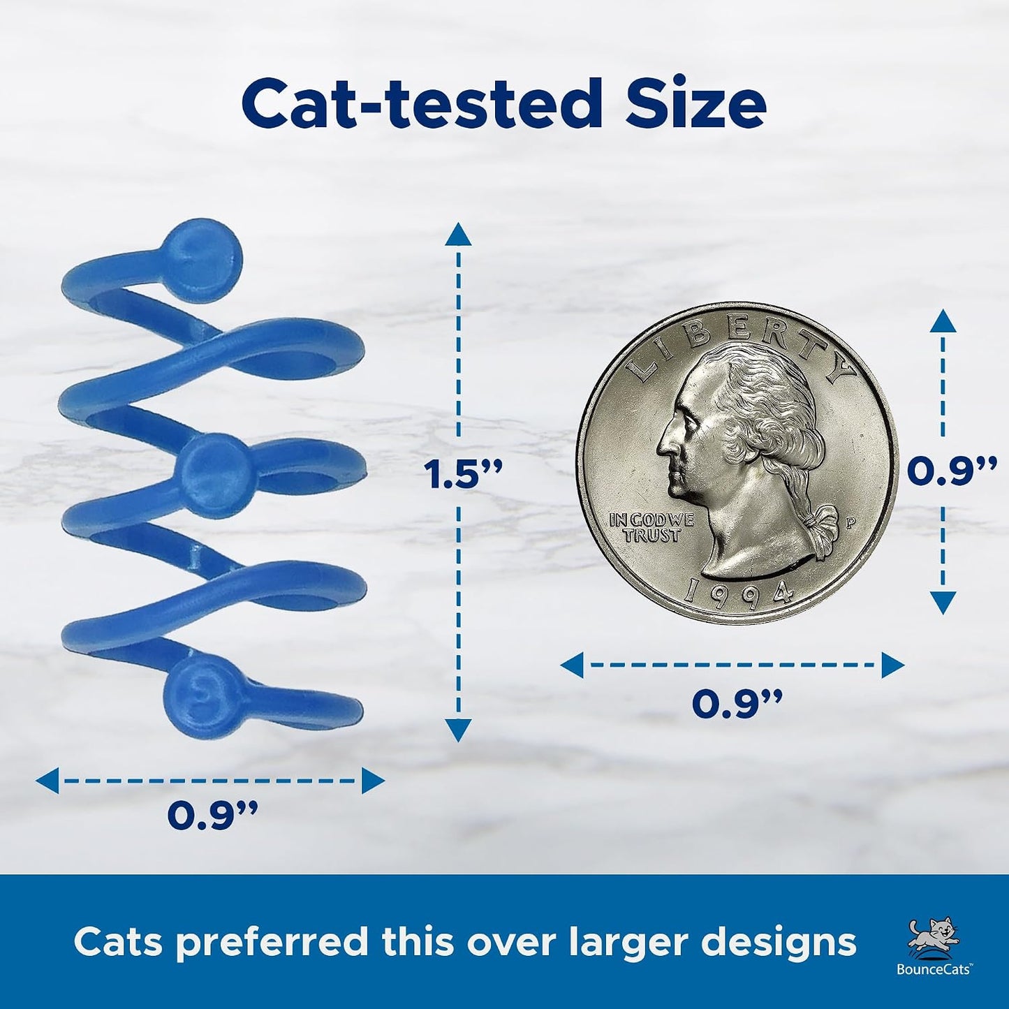 Side view comparison highlighting the compact wine cork size of the BounceCats pet chasing toy.