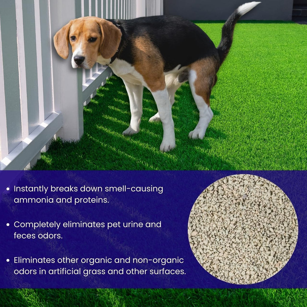 Close up view of highly absorbent turf deodorizer granules for pet urine neutralization