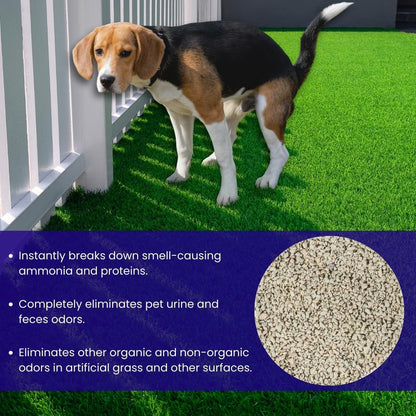 Close up view of highly absorbent turf deodorizer granules for pet urine neutralization