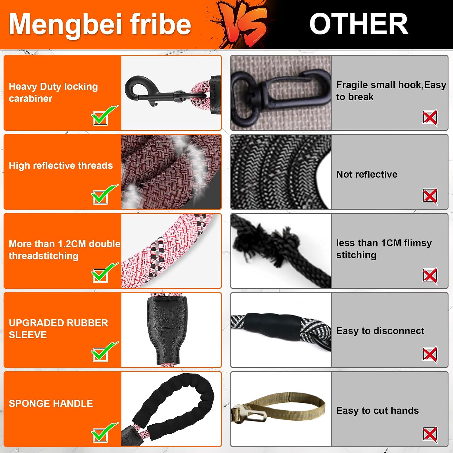 Nylon climbing rope double dog leash with reflective safety strips