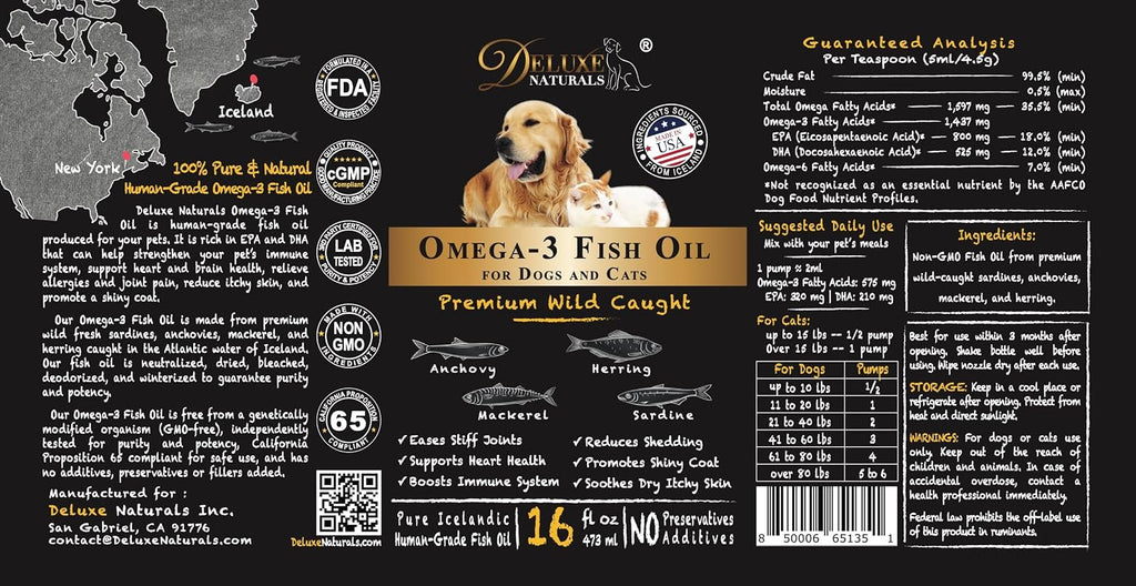 Deluxe Naturals deep sea anchovy and sardine oil pour cap detail for easy pet feeding.