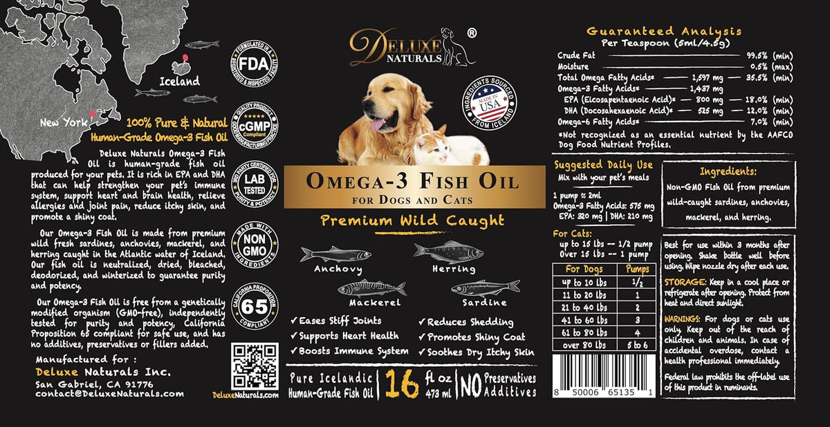 Deluxe Naturals deep sea anchovy and sardine oil pour cap detail for easy pet feeding.