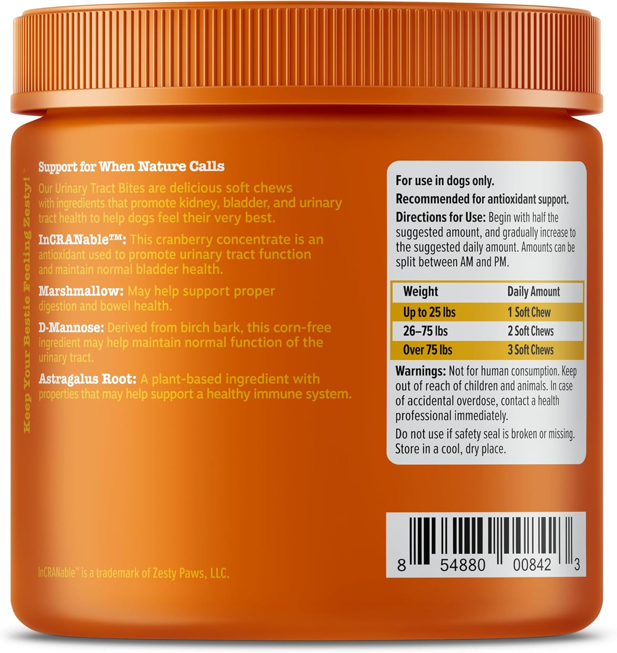 Zesty Paws bladder control dog supplement daily feeding guide