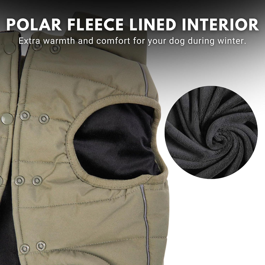 Spark Paws olive green dog winter coat highlighting the adjustable back toggles