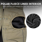 Spark Paws olive green dog winter coat highlighting the adjustable back toggles
