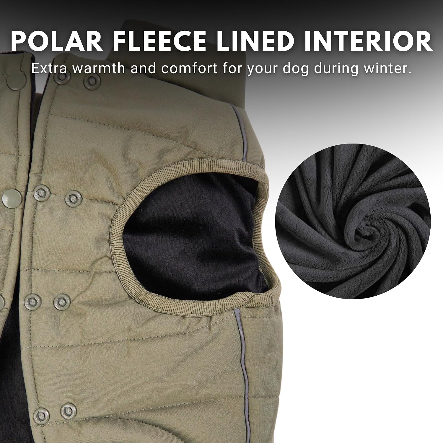 Spark Paws olive green dog winter coat highlighting the adjustable back toggles