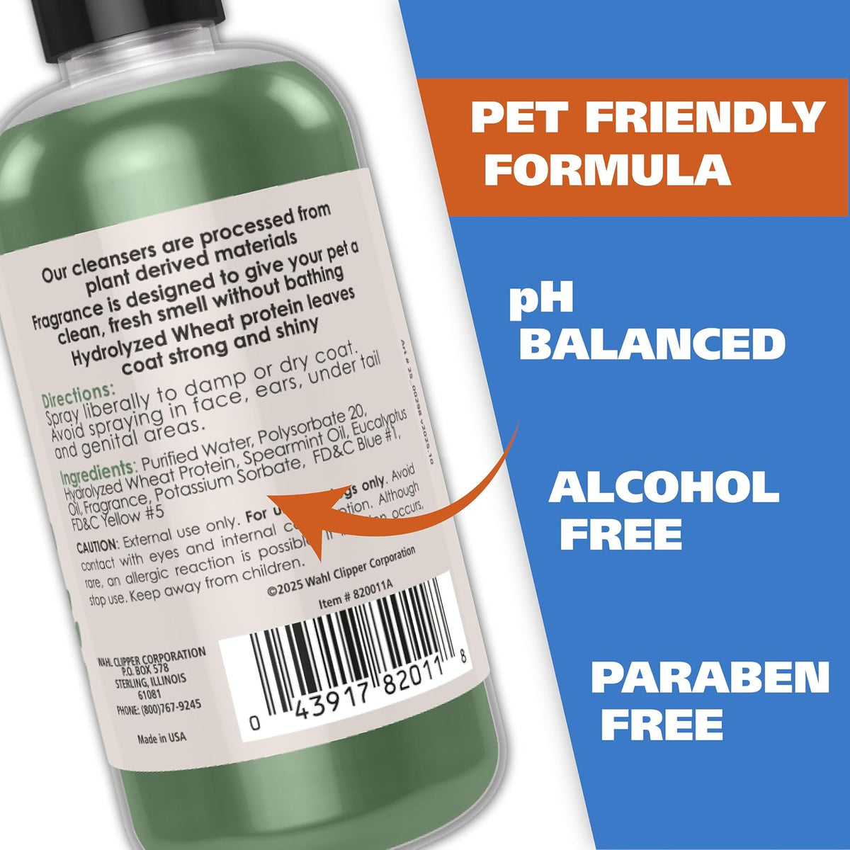 Back label of Wahl USA pet deodorizing spray for dogs