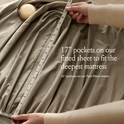 Detailed shot of the elastic border on the Boll and Branch luxury bedding