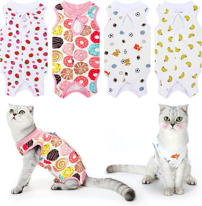 Weewooday cat recovery suits front view pack of four cute patterns