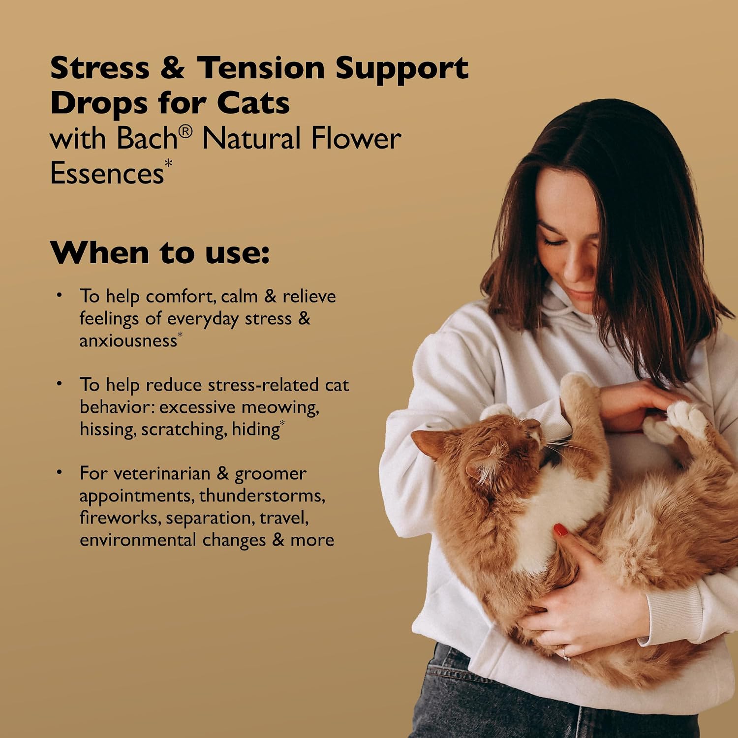Bach natural flower essence liquid drops for cat anxiety and tension management.