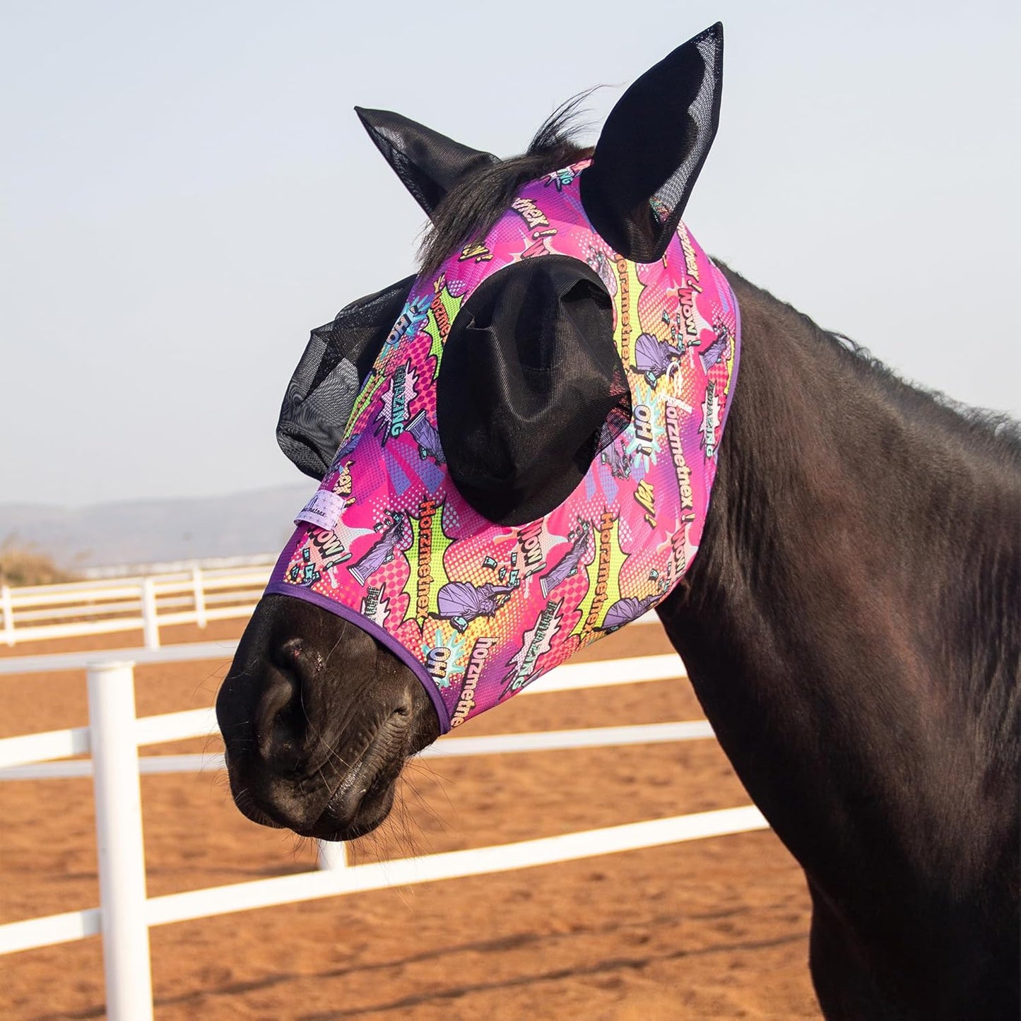 Breathable mesh material detail on equine fly mask