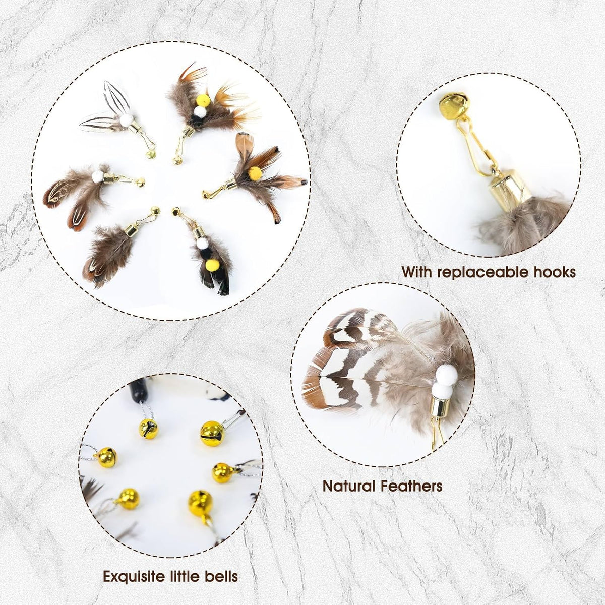 Six different styles of natural insect cat toy feathers refills with bells